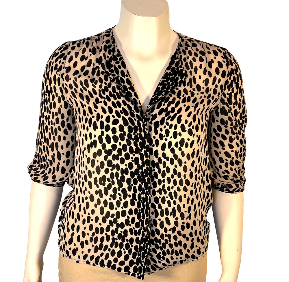 Talbots Blouse Womens Size 6 Petite Black Beige Abstract Animal 3/4 Bubble Sleev